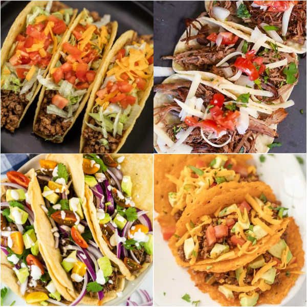 four different types of tacos are shown in this collage, including one with shredded meat and the other with vegetables