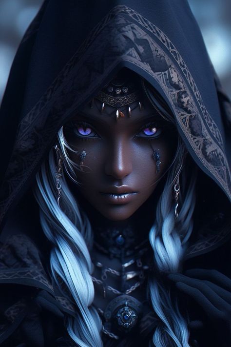 an image of a woman with blue eyes and long hair wearing a black cloak over her head