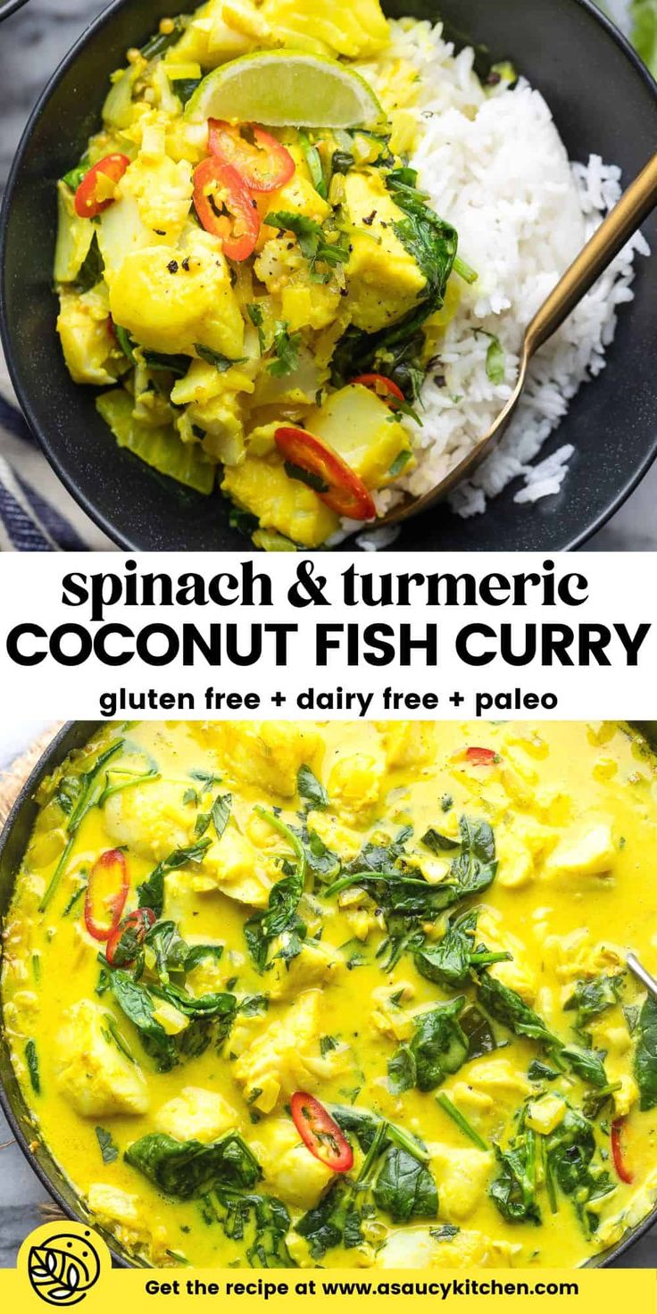 spinach and turment coconut fish curry in a skillet with white rice