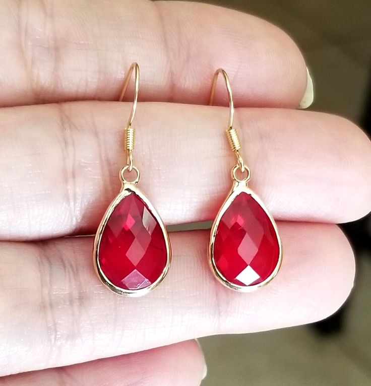 Gold Ruby Earrings, Handwritten Gifts, Womens Earrings, Tear Drop Earrings, Teardrop Dangle Earrings, Birthstone Earrings, Ruby Earrings, Ruby Jewelry, Red Earrings