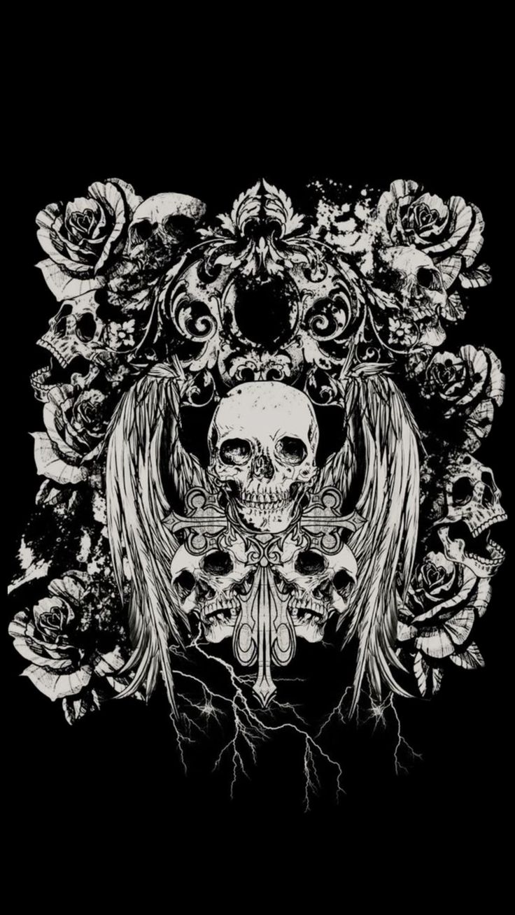 a skull with wings and roses in the background