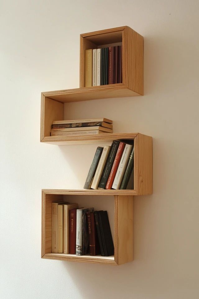 two wooden shelves with books on them against a wall