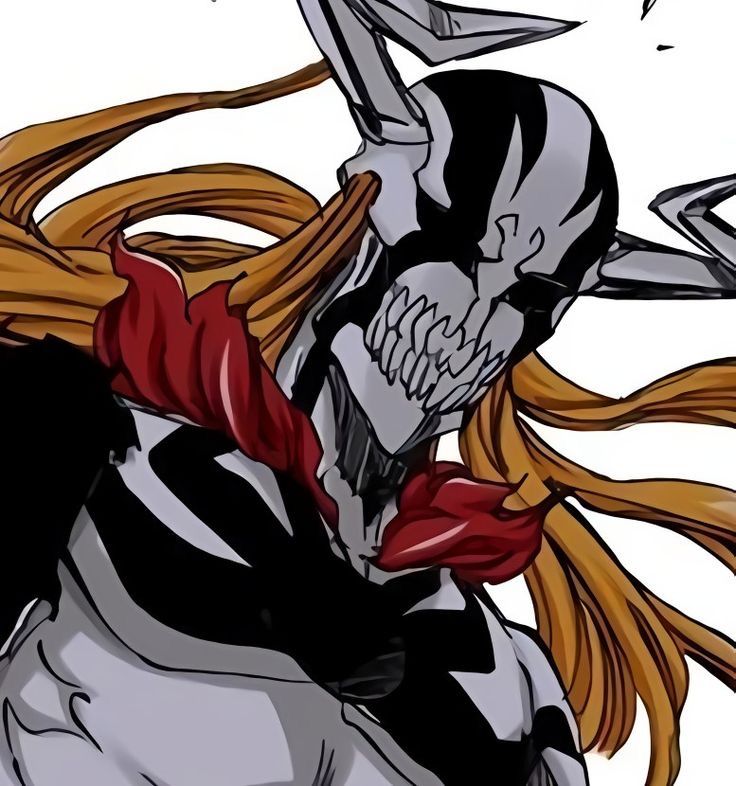 an anime character with long blonde hair and a skeleton face on her head, holding scissors