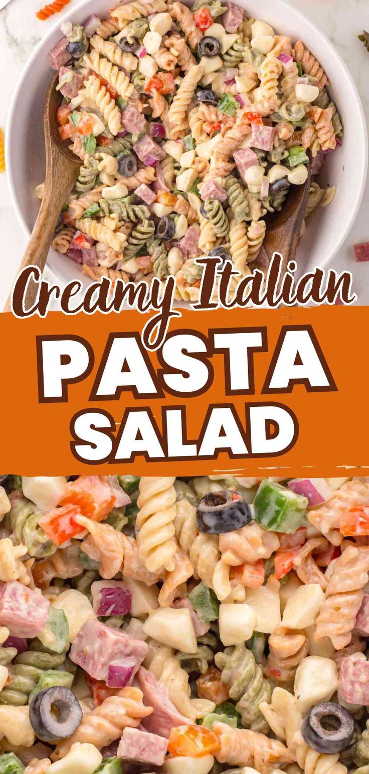 this creamy italian pasta salad is loaded with lots of fresh ingredients and it's ready to be eaten