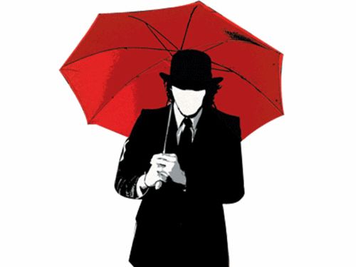 a man in a suit and hat holding an umbrella sticker on a white background