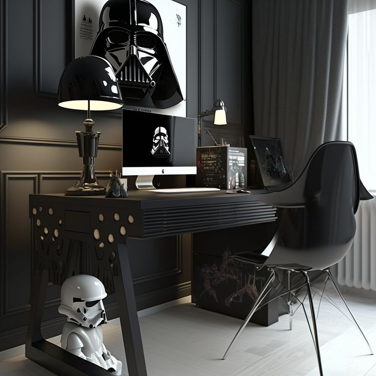 a star wars themed desk with a storm trooper lamp on it and a black chair