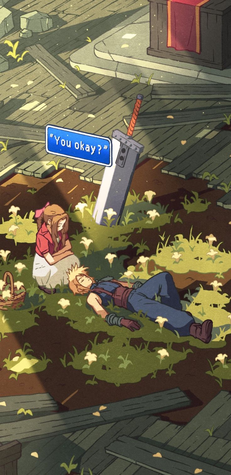 a person laying on the ground in front of a street sign that says you okay