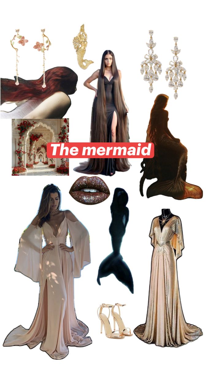 the mermaid costume is shown in several different styles and colors, including long sleeves, flowing hair