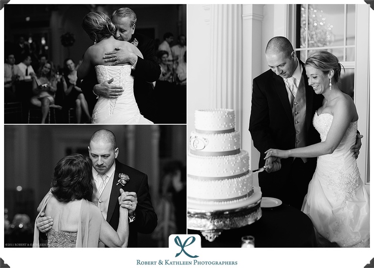 the bride and groom are about to cut their wedding cake at this elegant reception in black and white