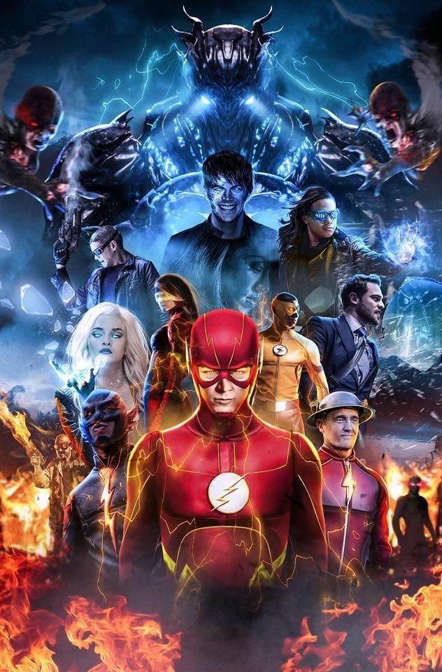 the flash movie poster with many characters and their names on it's back wall