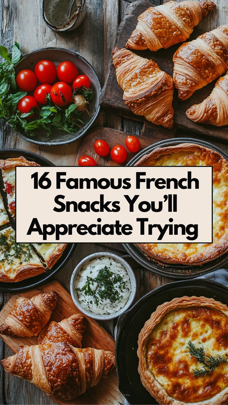 An assortment of famous French snacks, including croissants and quiche, arranged on a rustic wooden table. Foods From France, French Style Picnic, French Party Snacks, Easy French Appetizers Simple, France Themed Party Food, Parisian Themed Party Food, French Themed Appetizers, French Party Food Ideas, French Snacks For Kids