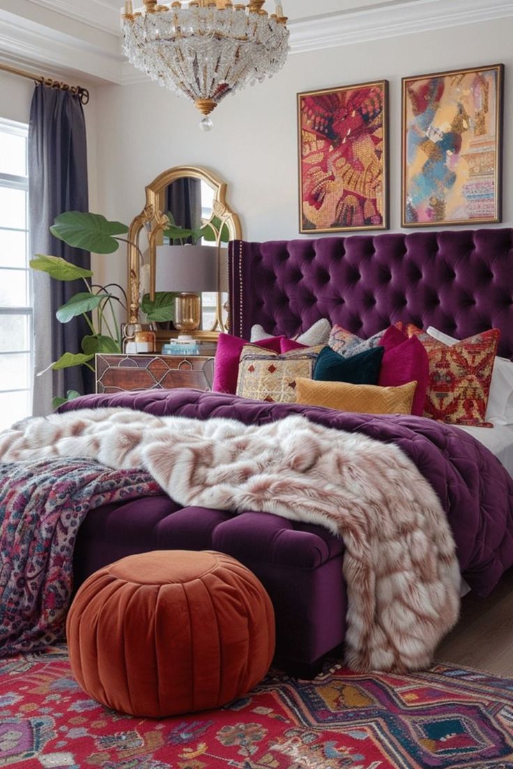 a bedroom with purple bedding, orange pillows and a chandelier hanging from the ceiling