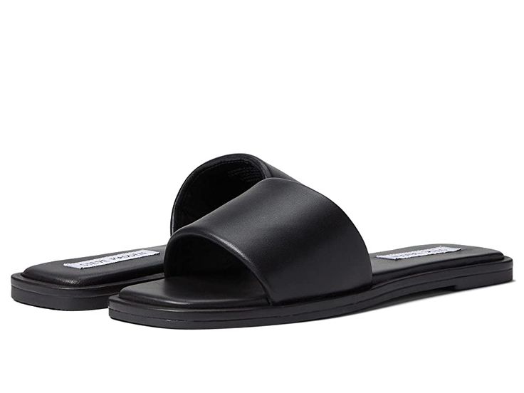 Steve Madden Clyde Sandal - Women's Shoes : Black Leather : Enhance comfort and style for your every step wearing Steve Madden Clyde Sandal. Leather upper. Leather lining and insole. Slide-on closure. Squared open toe. Plain vamp. Flat platform. Synthetic outsole. Imported. Single footwear weight: 6 oz. Measurements: Heel Height: 1 2 in Weight: 6 oz Product measurements were taken using size 8.5, width M. Please note that measurements may vary by size. Weight of footwear is based on a single ite Black Shoes Women, Shoes Black, Steve Madden, Women's Shoes, Open Toe, Womens Sandals, Heel Height, Leather Upper, Black Leather