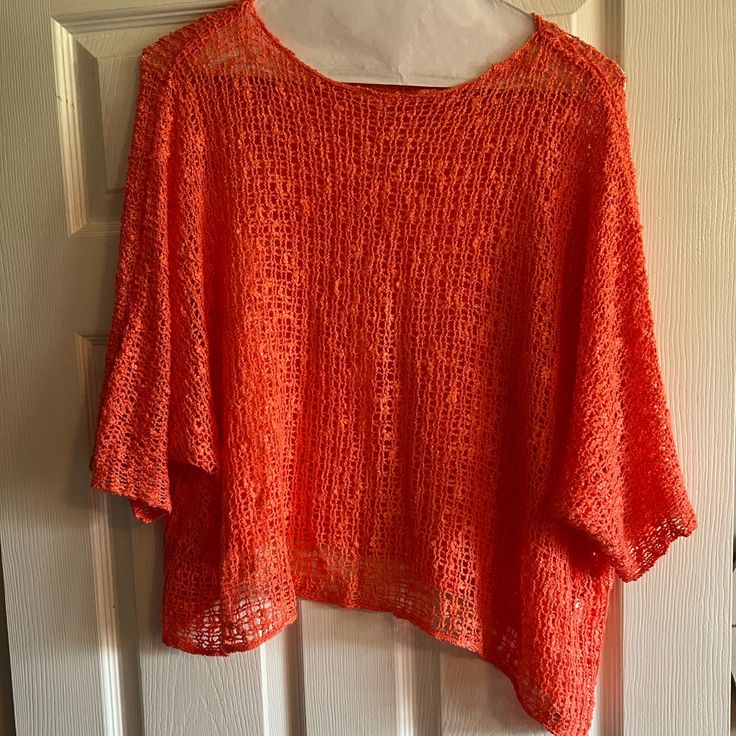 Light Summer Weave. Nwot. Casual Lightweight Top For Beach Cover-up, Oversized Orange Top For Day Out, Orange Knit Beach Top, Orange Knit Vacation Top, Orange Knit Top For Beach, Orange Knit Top For Vacation, Stretch Orange Tops For Beach, Orange Poncho, Coral Orange