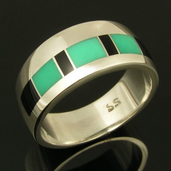 Sterling silver band inlaid with chrysoprase and black onyx. Elegant Green Rings With Inlay, Elegant Green Inlay Rings, Sterling Silver Green Inlay Rings, Green Sterling Silver Ring With Inlay, Sterling Silver Rings With Green Inlay, Green Inlay Sterling Silver Rings, Green Inlay Rings For Anniversary, Green Anniversary Rings With Inlay, Anniversary Green Inlay Rings