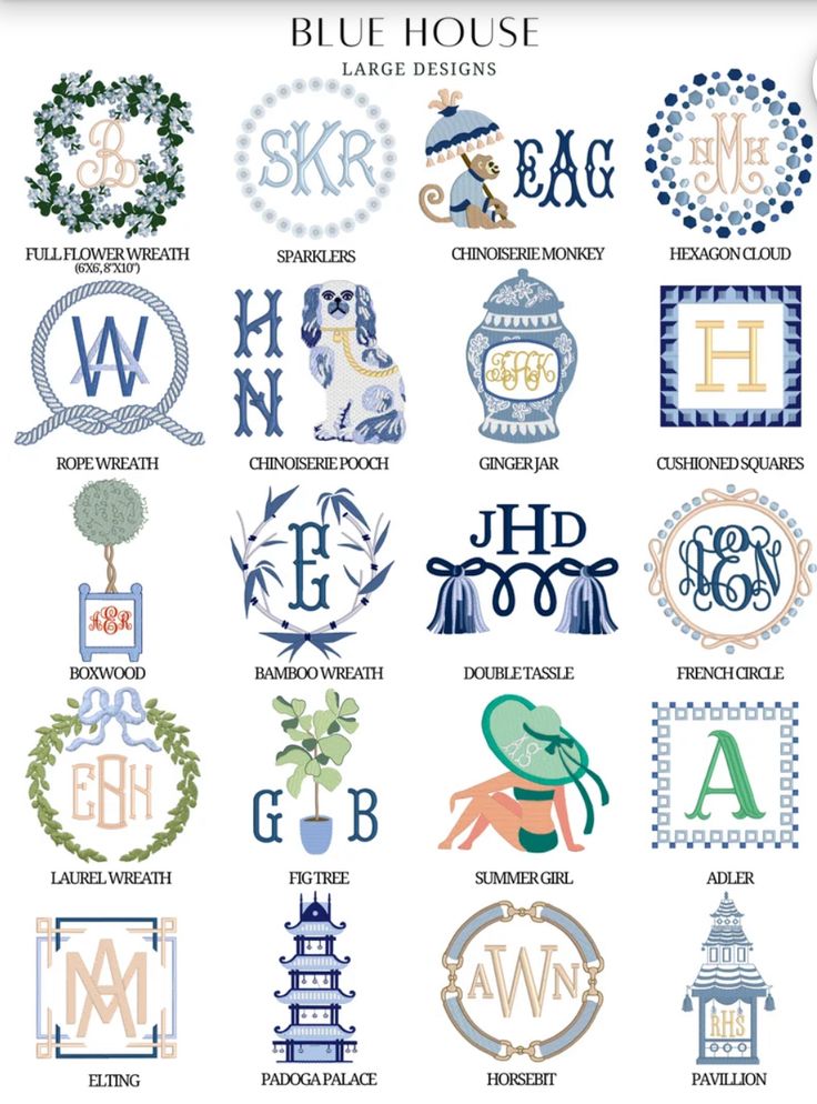 the blue house monograms are all in different styles and colors, but they're