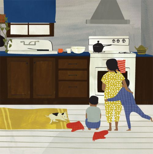 an image of a woman and two children in the kitchen