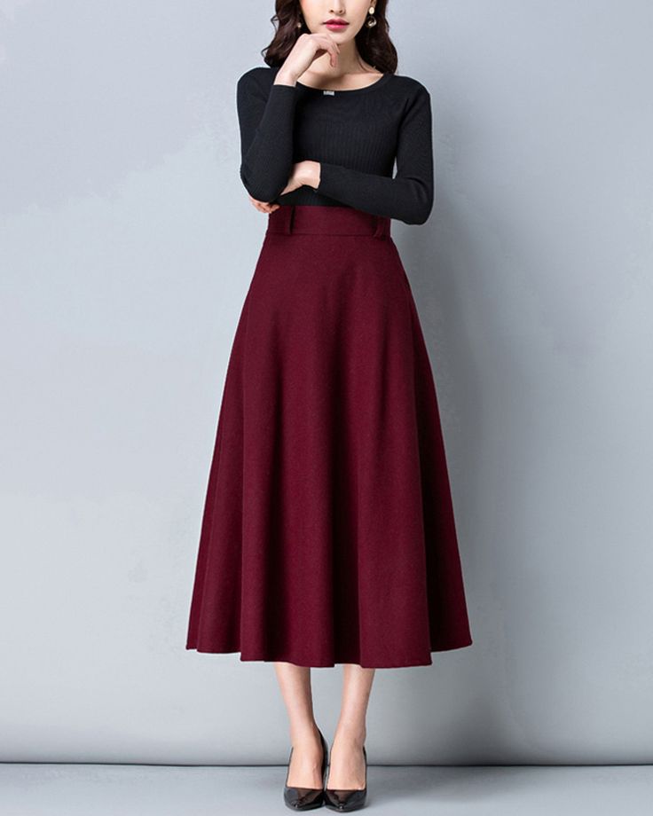 * A high-end long wool skirt with wide hem, very cool. * Made of wool blends, fully lined and with two side pockets. * Fixed waist with wide waistband and side invisible zipper. * Can custom make waist size and skirt length. * Material: Outer-50% wool, 50% polyester; lining-100% polyester * Washing instructions: Dry Clean Only * Size: True to US size, US 0-US 20 are available, you can let us know your usual size and height in your order. * Shipping: Free shipping Processing time : 5-7 Business d Red Skirt Outfits, Midi Skirt Winter, Long Wool Skirt, Red Long Skirt, Dark Grey Skirt, Skirt Winter, Classic Clothes, Palette Design, Rock Outfit