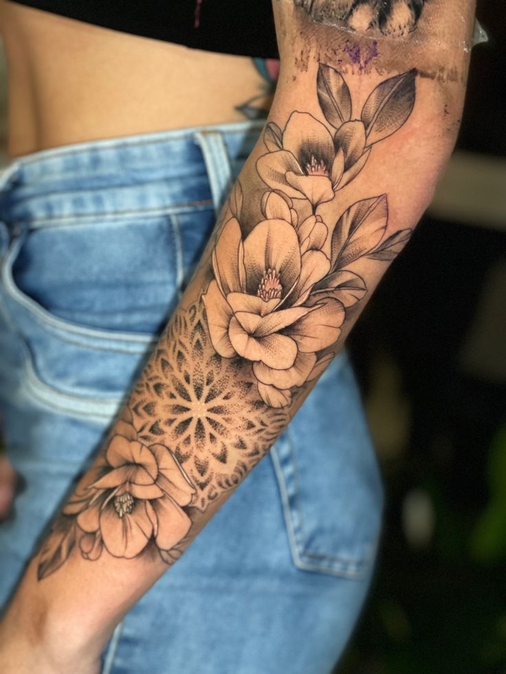 https://www.instagram.com/reel/Ce4dzkTApQ-/?igshid=YmMyMTA2M2Y= Flowers Tattoo Half Sleeve, Mandala Lily Flower Tattoo, Mandela With Flowers Tattoo, Forearm Tattoos Floral, Floral Mandala Tattoo Forearm, Floral Tattoo With Mandala, Mandala Floral Tattoo Design Forearm, Mandela Tattoo Forearm, Lower Arm Mandala Tattoos For Women