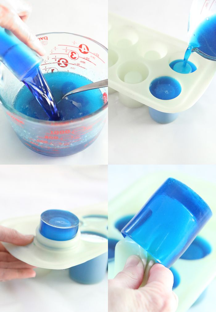 the process for making blue liquid is shown in three different stages, including mixing it with a blender