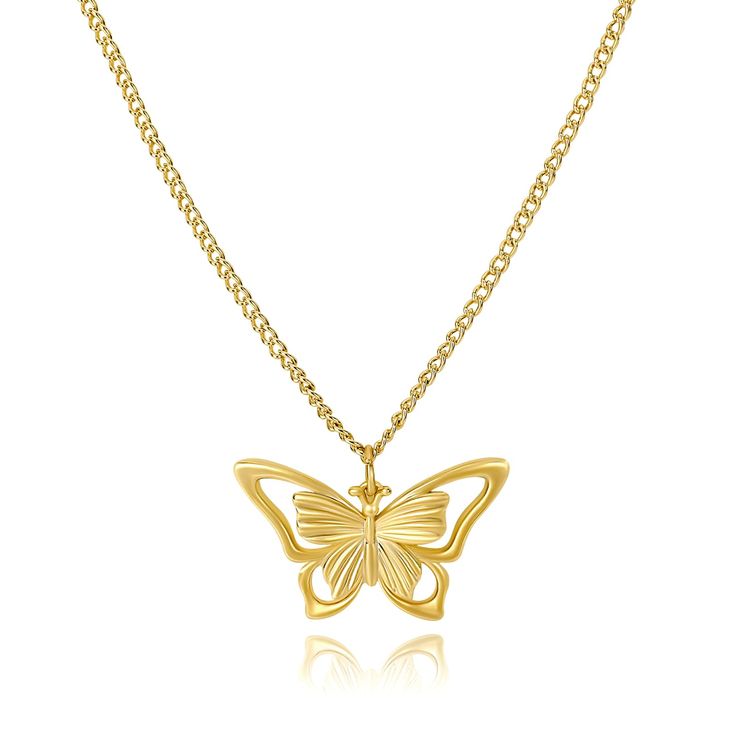 PRICES MAY VARY. 🦋GOLD BUTTERFLY PENDANT NECKLACE🦋The gold hollow butterfly pendant necklace is an exquisite and elegant piece of jewelry. The design of the butterfly pendant is inspired by nature, and the hollow design of the wings showcases a high level of craftsmanship and design. The chain uses a simple cable chain, making the entire necklace look more delicate and lightweight. 🦋TRENDY BUTTERFLY CHARM NECKLACE🦋The elegant gold hollow butterfly necklace is suitable for various occasions, Butterfly Gold Pendant, Gold Butterfly Pendant Necklace For Party, Elegant Gold Butterfly Charm Necklace, Yellow Gold Butterfly Jewelry For Party, Yellow Gold Butterfly Party Jewelry, Gold Butterfly Pendant Necklace With Clavicle Chain, Gold Plated Butterfly Necklace As Gift, Gold-plated Butterfly Necklace, Gold-plated Gold Butterfly Necklace