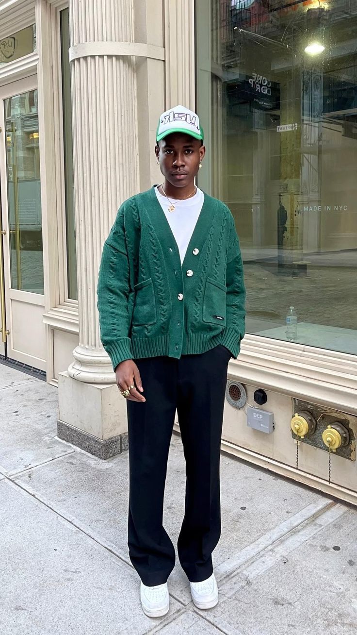 Cardigan Aesthetic, Dickies Outfit, Tyler The Creator Outfits, Guys Outfits, Mens Shawl Collar Cardigan, Mens Shawl, Lovers Aesthetic, Guy Fits, Sweater With Pockets