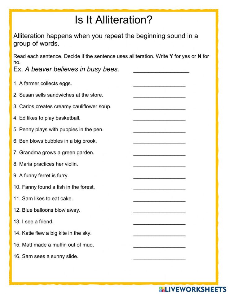 an alliteration worksheet with the words and numbers for each word in it