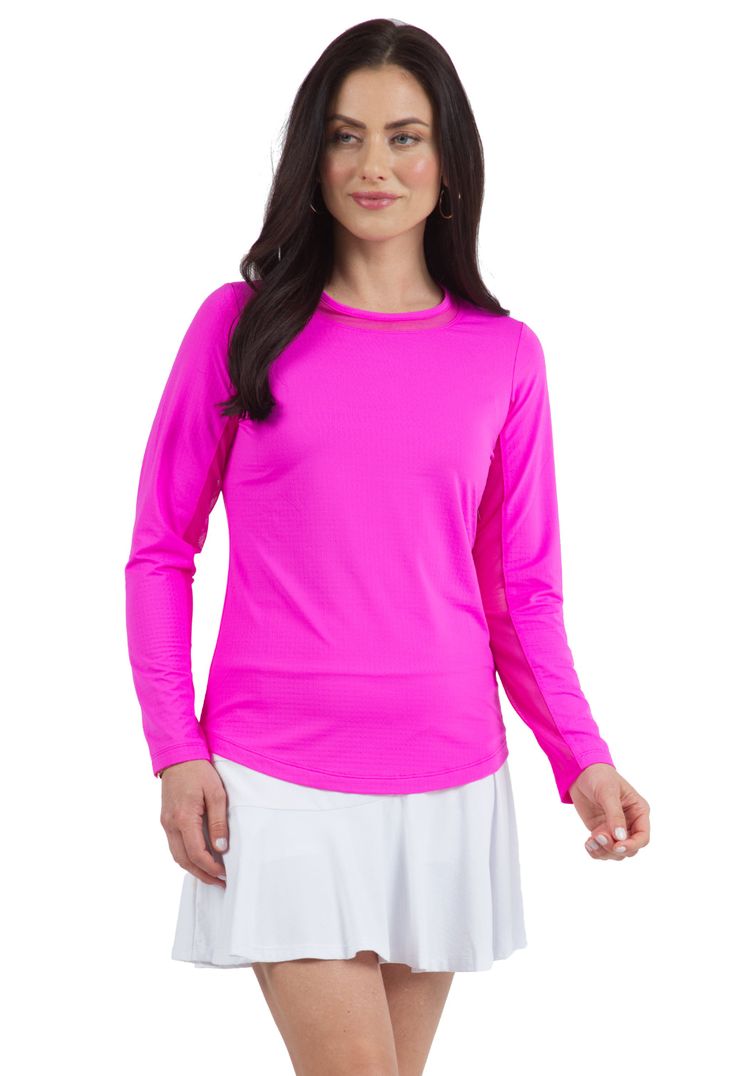 We updated our Long Sleeve Crew Neck Top with a mesh inlay around the neck to compliment the under-arm mesh panel promoting additional comfort and breathability giving this athleisure top a feminine twist. This silhouette features our patented IceFil Cooling Technology converting sweat to refrigerant cooling your skin 3-5 degrees keeping you cool and dry on the hottest humid days. This garment also features UPF 50 sun protection, moisture-wicking, and anti-microbial properties. Athleisure Tops, White Crew Neck, Golf Outfits Women, Athleisure Wear, Crew Neck Top, Golf Outfit, Womens Activewear, Active Wear Tops, Leisure Wear