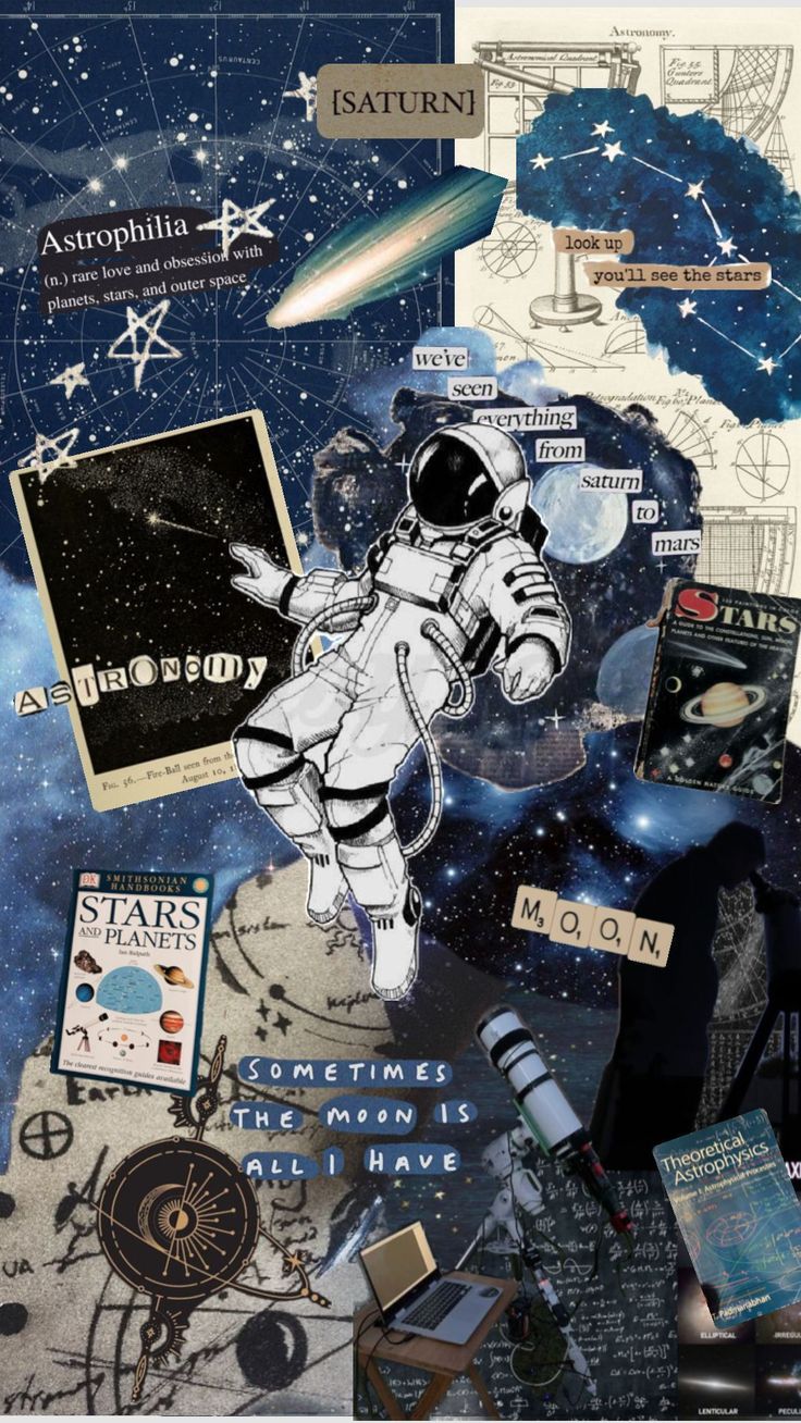 collage of space related items including an astronaut