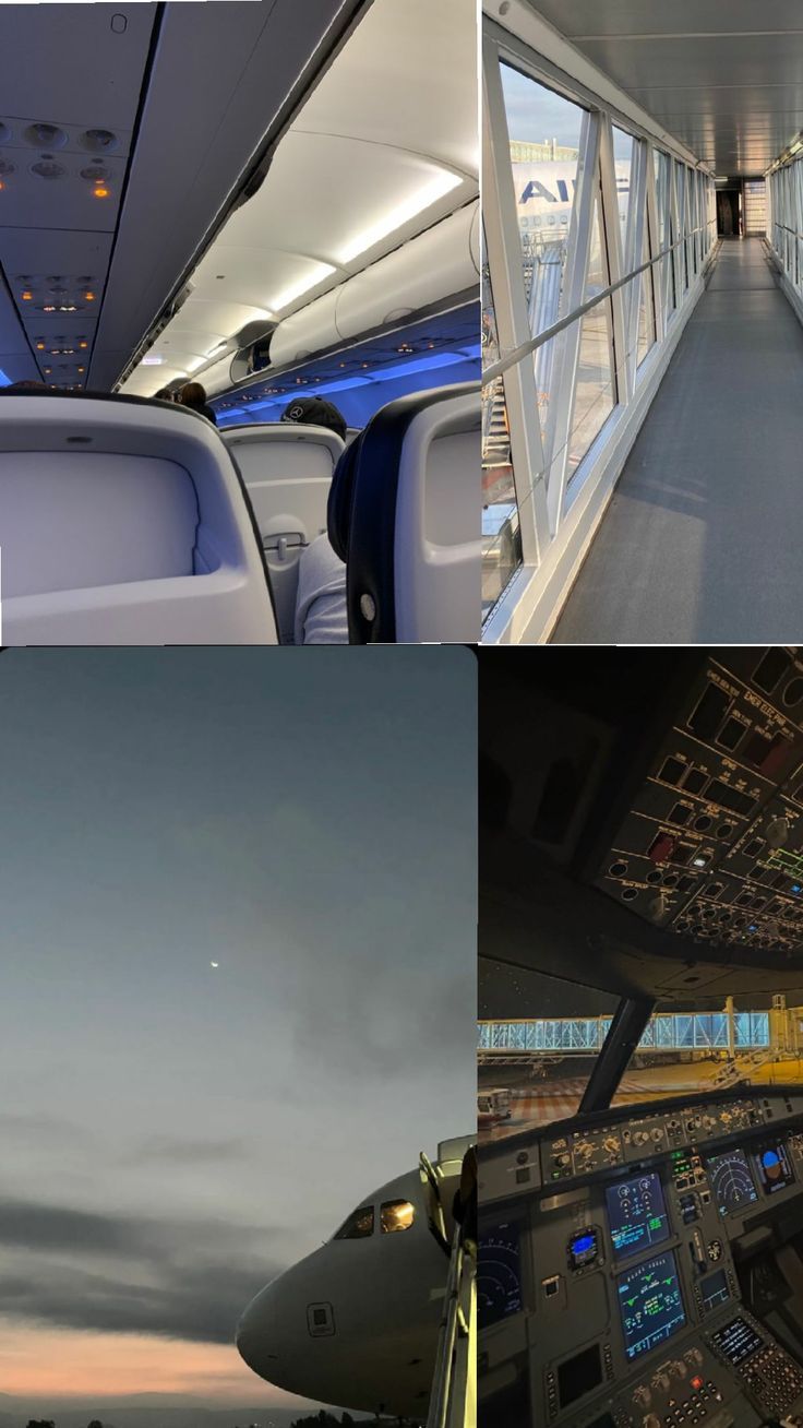 the inside of an airplane with multiple pictures of it and its cockpits, windows, and lights