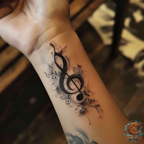 a woman's arm with a musical note tattoo on it