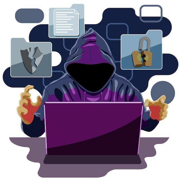 a hooded man sitting in front of a laptop computer with icons above him and below him