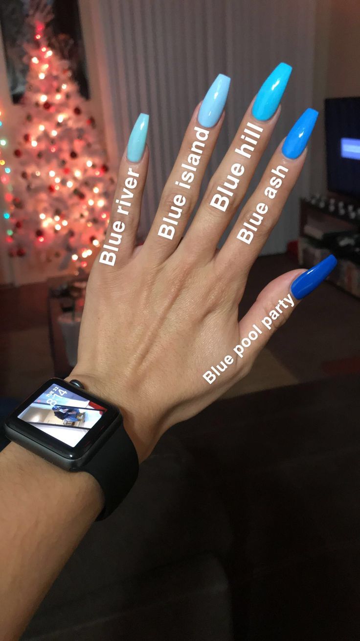 Different Shades Of Blue Nail Designs, Blue Shades Nails Acrylic, Different Color Nails Blue Shades, All Shades Of Blue Nails, Different Blues Nails, Different Shade Blue Nails, Shades Of Blue For Nails, Different Shades Of Color Nails, Shades Of Blue Acrylic Nails