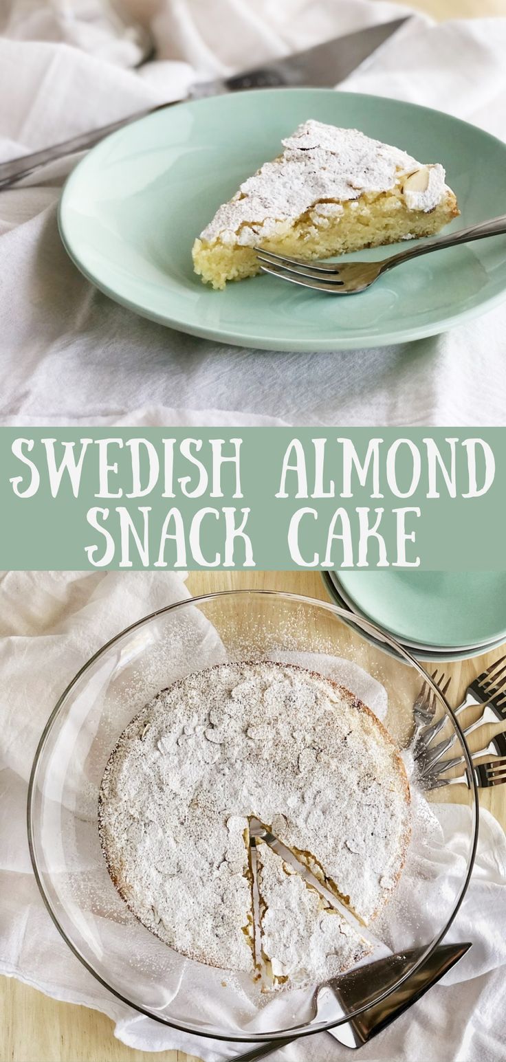 a slice of swedish almond snack cake on a green plate with a fork and knife