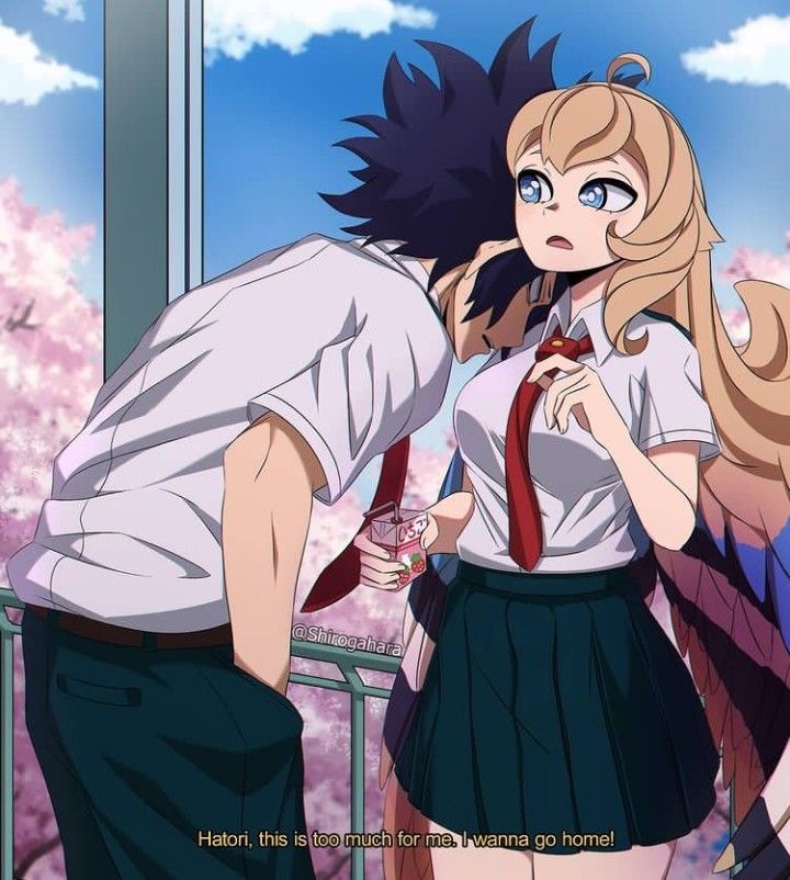 two anime characters standing next to each other in front of pink flowers and blue sky