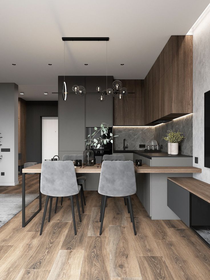 the modern kitchen is clean and ready to be used for dinner or breakfast time,