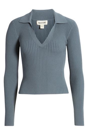 Body-hugging ribbing textures a lightweight polo-sweater that's updated with a sporty Johnny collar for a look you'll want in every color. Compression-like qualities create a sculpted silhouette for everyday versatility and standout style, while Luxe Sculpt yarns offer comfortable stretch. 19 1/2" length (size Medium) Johnny collar Long sleeves 47% Lenzing™ EcoVero™ viscose, 29% polyester, 20% nylon, 4% spandex Lenzing EcoVero viscose is a more-sustainably produced fiber made using pulp made from renewable wood sources Hand wash, dry flat Imported Rich Girl Fashion, Johnny Collar, Every Color, Polo Sweater, Rich Girl, Blue Sweaters, Top Brands, Girl Fashion, Hand Wash