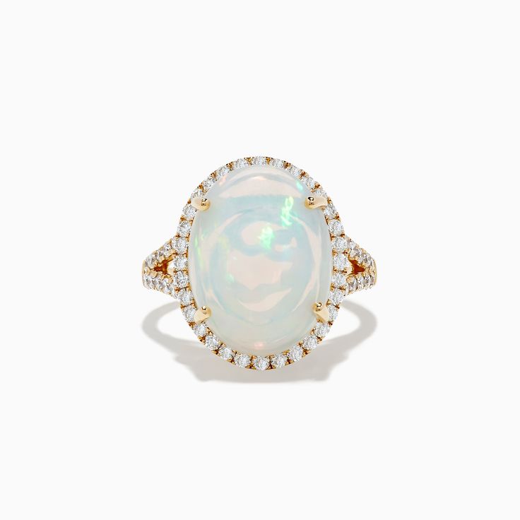 Effy Aurora 14K Yellow Gold Opal and Diamond Ring Fine Jewelry Opal Ring With Halo, Fine Jewelry Opal Ring With Halo In 14k Gold, Fine Jewelry Opal Ring With Halo Setting, Formal 14k Gold Opal Ring With Halo Design, Formal Yellow Gold Halo Opal Ring, Formal Opal Halo Ring, Formal Fine Jewelry Opal Ring With Halo Design, Oval Opal Ring With Halo Setting In 14k Gold, White Gold 14k Halo Ring With Gemstone