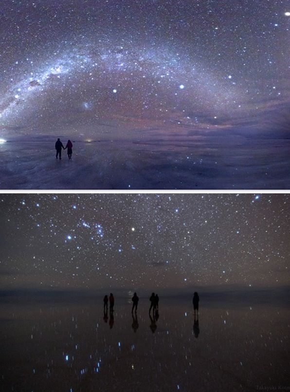 two pictures of people standing under the stars in the night sky, one is looking up at