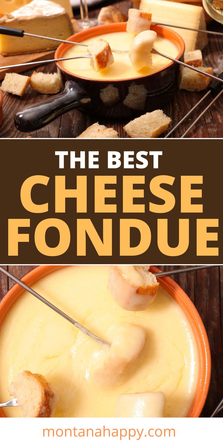 Fondue pot filled with cheese fondue with fondue forks with bread.  On the side of the pot is pieces of bread.  Overlay text The Best Cheese Fondue montanahappy.com Leftover Cheese, Easy Fondue Recipes, Best Cheese Fondue, Cheese Fondue Recipe, Easy Fondue, Fondue Dinner, Fruit Dips, Fondue Night, Fondue Recipes Cheese