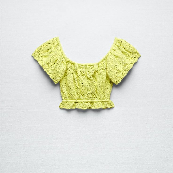 Zara Yellow Pointelle Knit Top. Perfect For Summer! New With Tags Cropped Lace Top For Spring, Lace Cropped Top For Spring, Spring Party Crochet Top, Fitted Pointelle Knit Lace Top For Spring, Chic Spring Crochet Top With Pointelle Knit, Spring Pointelle Knit Stretch Crop Top, Spring Zara Crochet Tops, Yellow Tops With Crochet Trim For Spring, Spring Stretch Pointelle Knit Crop Top