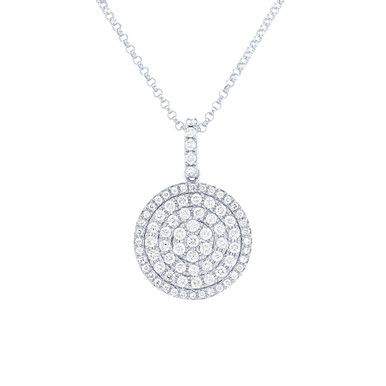 Full of sparkle this disc pave pendant features 0.63 carats of round brilliant cut diamonds. Round Cut Diamond Necklace With Pave Setting, Diamond Pave Setting Round Pendant Necklace, Diamond Round Pendant Necklace With Pave Setting, Diamond Necklace With Pave Setting In Round Pendant, Circle Diamond Necklace With Brilliant Cut, Cubic Zirconia Diamond Necklace With Pave Setting, Round Cubic Zirconia Necklace With Pave Setting, Diamond White Round Necklace With Pave Setting, Brilliant Cut Diamond Circle Necklace