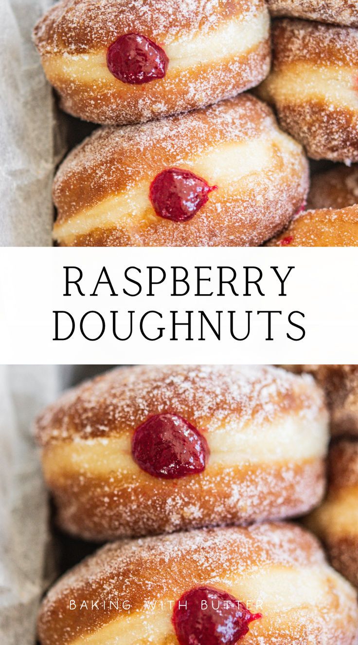 raspberry doughnuts are stacked on top of each other