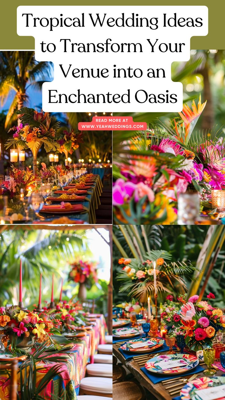 A beautiful tropical wedding setup featuring vibrant flowers, palm leaves, tiki torches, and colorful linens, creating an enchanting oasis. Navy Tropical Wedding, Tropical Wedding Ideas Inspiration, Tiki Wedding Reception, Tropical Wedding Theme Decor, Tropical Wedding Colors, Caribbean Wedding Theme, Rainforest Wedding, Tiki Wedding, Tropical Wedding Ideas