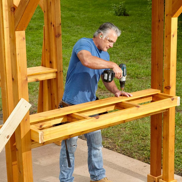 a man using a power drill to build a wooden structure