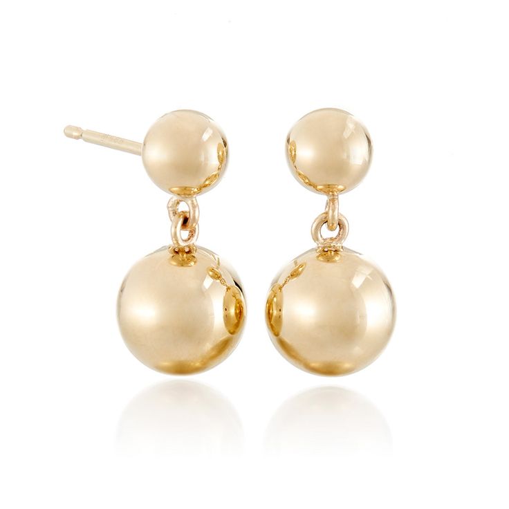 Our gold earrings offer a graceful cascade of warmth, their dual beads dancing with light for a quietly captivating effect. Since 1861, Gump's has been a destination for jewelry that is distinctive, extraordinary and timeless. Featuring only the finest materials, each piece is a statement of elegance. 14-karat yellow gold beads, 6mm and 9.5mm. Pierced only. 5/8" long. Please allow 4-6 weeks for delivery. Timeless Dangle Earrings With Polished Finish, Yellow Gold Round Beads Earrings, Classic Yellow Gold Round Linear Earrings, Elegant Yellow Gold Dangle Cluster Earrings, Elegant Yellow Gold Cluster Dangle Earrings, Timeless Design Round Earrings For Gift, Timeless Yellow Gold Dangle Pearl Earrings, Formal 14k Gold Earrings With Timeless Design, Classic Polished Dangle Earrings