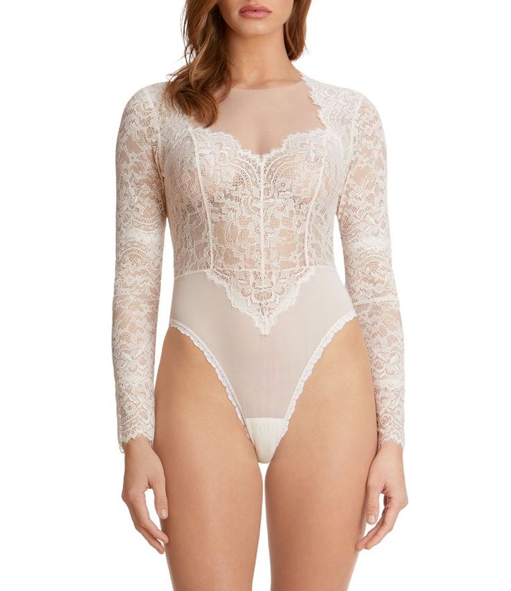 - Blush
- Romantic long-sleeved bodysuit� in delicate stretch eyelash lace and sheer tulle
- Open front neckline with sheer illusion tulle panel
- Princess seams and front triangle insert at waist
- Rose gold-colored back hook closure at the neckline
- Elegant open back
- Flattering and leg-lengthening ultra-high cut silhouette
- Thong back

Fabrication
Lace: 84% Nylon 16% Spandex; Mesh: 89% Nylon 11% Spandex; Tulle: 100% Nylon; Lining 100% Supima® Cotton; exclusive of trim
Garter: 100% Nylon, ex Spandex Bodysuit, Metallic Bodysuit, Sequin Bodysuit, Illusion Tulle, Bodysuit Designs, White Bodysuit, Monique Lhuillier, Supima Cotton, Lace Bodysuit