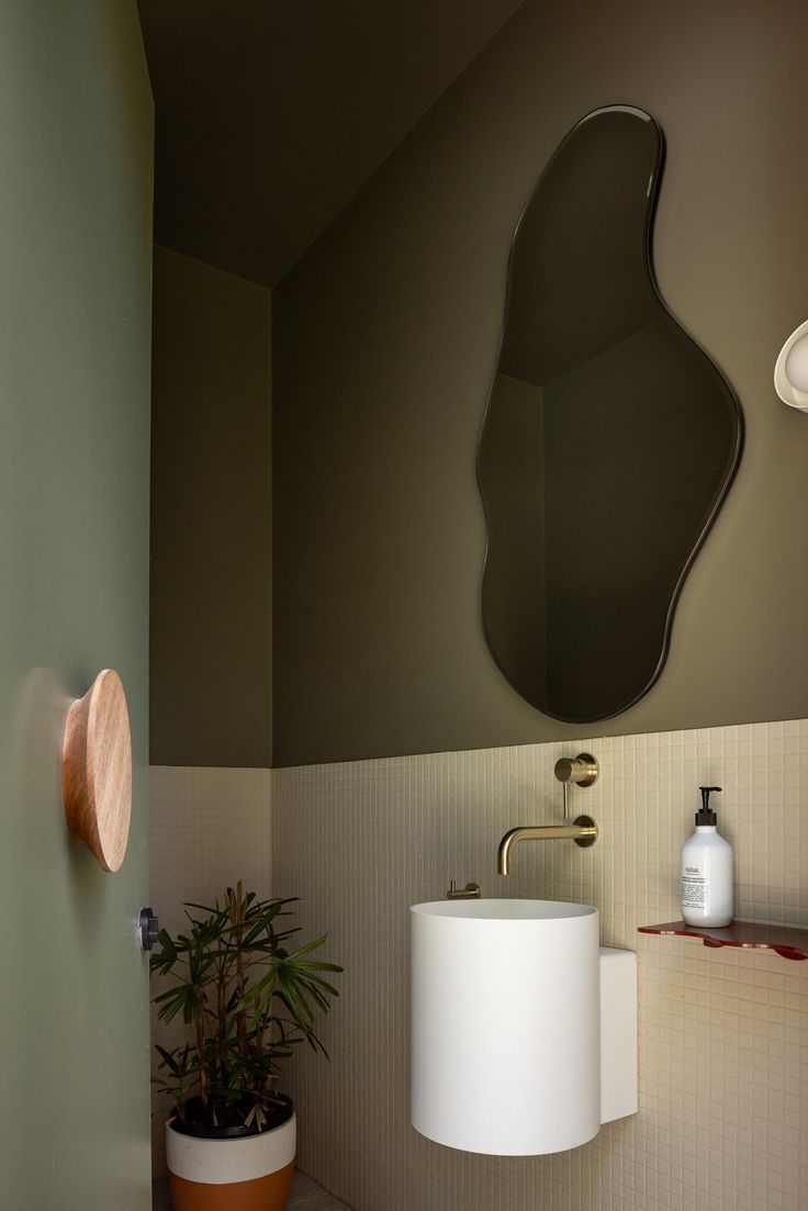 a bathroom with a sink, mirror and potted plant on the wall in front of it