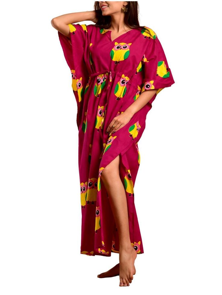 magenta-owl-long-kaftan-10921032RD, Women Clothing, Cotton Kaftan, Magenta Owl Print Long Kaftan Long Kaftan, Owl Print, Kaftan Dress, Dress Cover, Best Wear, Fabric Cotton, At The Beach, Color Combinations, Night Out