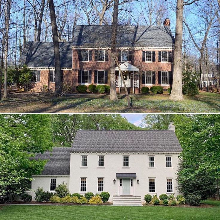 before and after photos of a large brick house